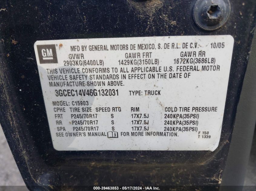 2006 Chevrolet Silverado 1500 Work Truck VIN: 3GCEC14V46G132031 Lot: 39463853