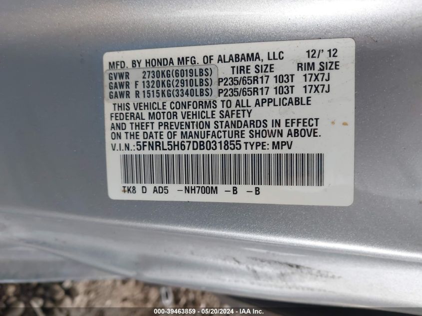 2013 Honda Odyssey Ex-L VIN: 5FNRL5H67DB031855 Lot: 39463859