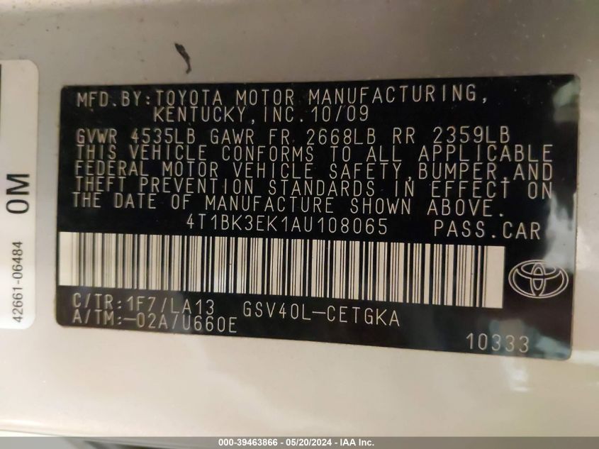 2010 Toyota Camry Xle V6 VIN: 4T1BK3EK1AU108065 Lot: 39463866