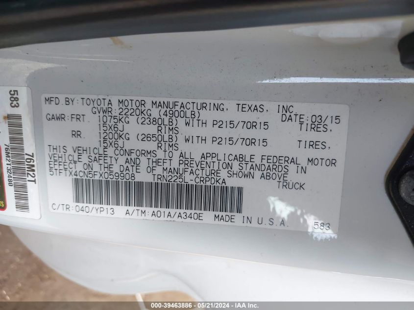2015 Toyota Tacoma VIN: 5TFTX4CN5FX059908 Lot: 39463886