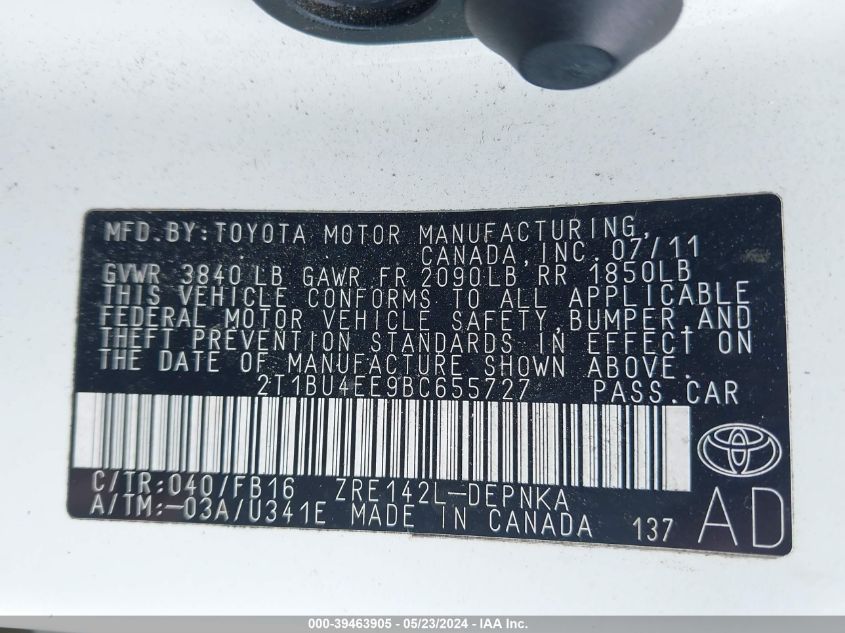 2011 Toyota Corolla Le VIN: 2T1BU4EE9BC655727 Lot: 39463905