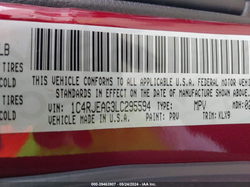 2020 Jeep Grand Cherokee Altitude 4X2 VIN: 1C4RJEAG3LC295594 Lot: 39463907