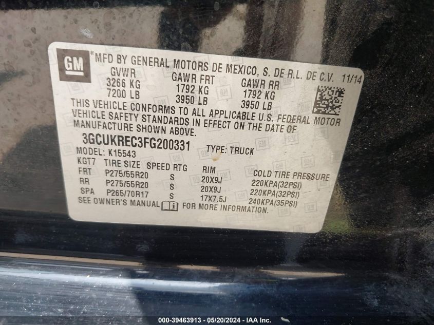 2015 Chevrolet Silverado 1500 1Lt VIN: 3GCUKREC3FG200331 Lot: 39463913