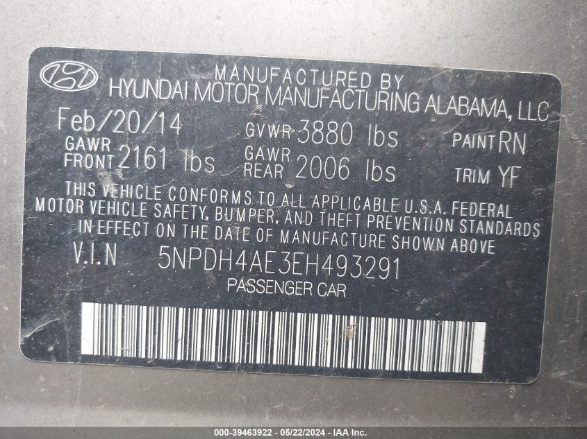 2014 Hyundai Elantra Se VIN: 5NPDH4AE3EH493291 Lot: 39463922