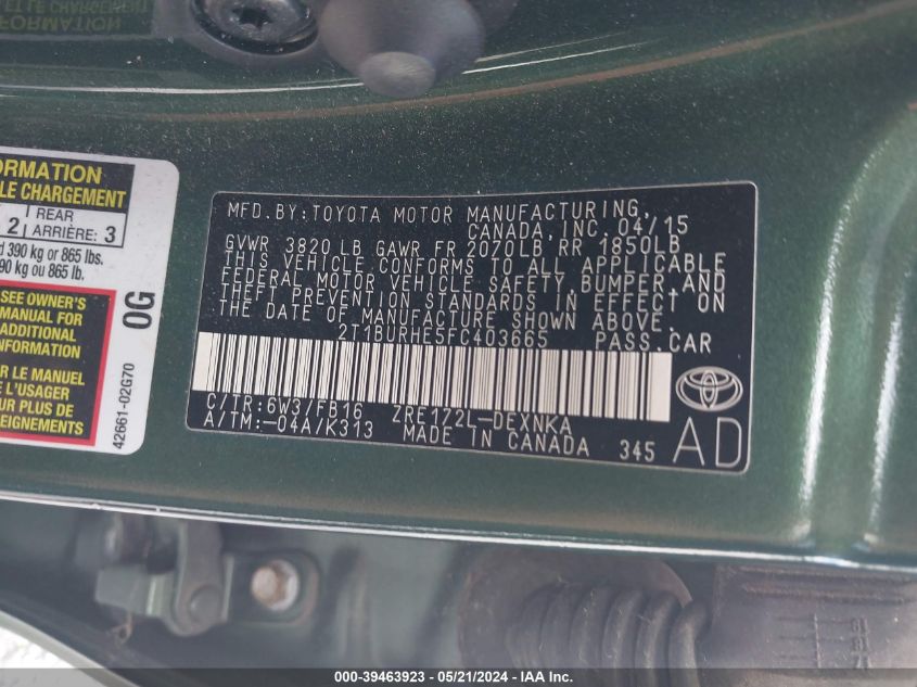 2015 Toyota Corolla Le VIN: 2T1BURHE5FC403665 Lot: 39463923