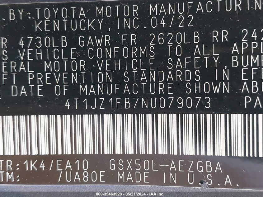 2022 Toyota Avalon Xle VIN: 4T1JZ1FB7NU079073 Lot: 39463928