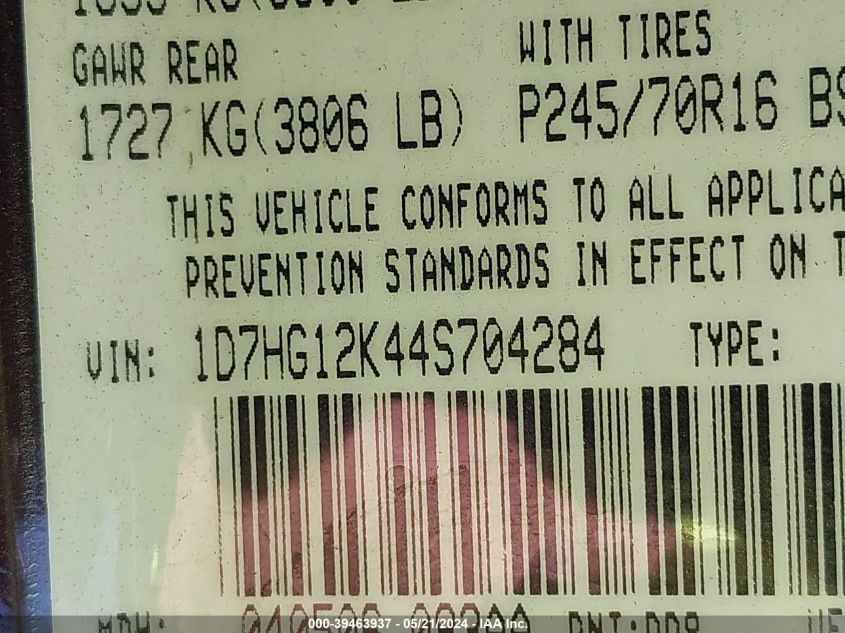 2004 Dodge Dakota VIN: 1D7HG12K44S704284 Lot: 39463937