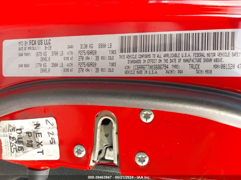 2019 Ram 1500 Classic Big Horn 4X2 6'4 Box VIN: 1C6RR6TTXKS686794 Lot: 39463947