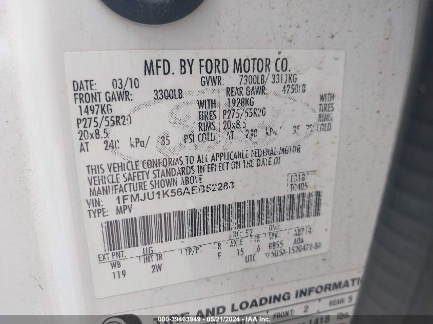 2010 Ford Expedition Limited VIN: 1FMJU1K56AEB52288 Lot: 39463949