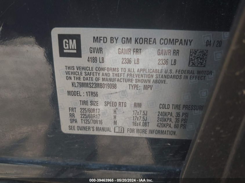 2021 Chevrolet Trailblazer Fwd Ls VIN: KL79MMS23MB019098 Lot: 39463965