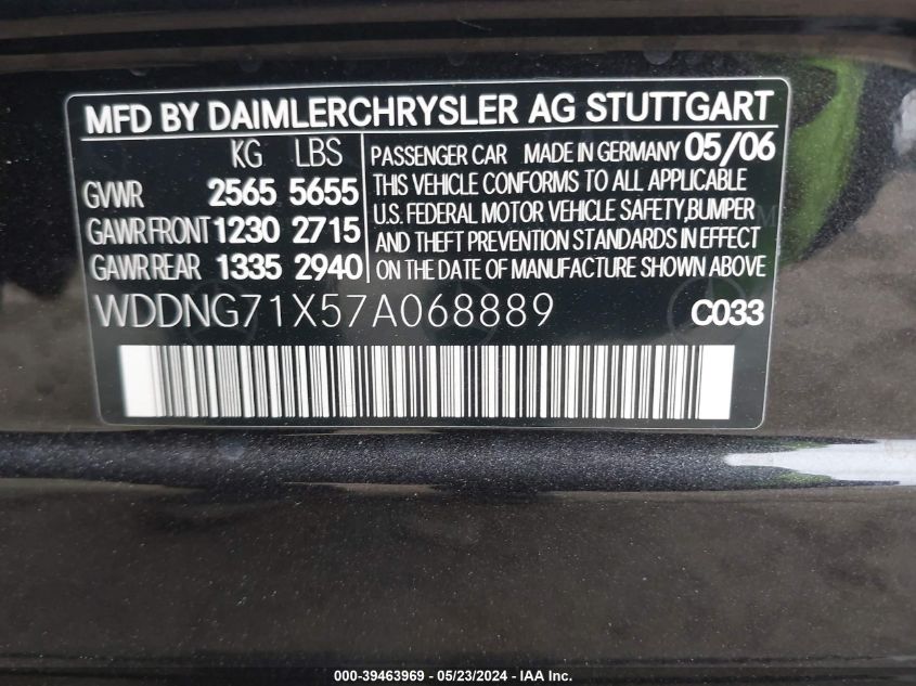 2007 Mercedes-Benz S 550 VIN: WDDNG71X57A068889 Lot: 39463969