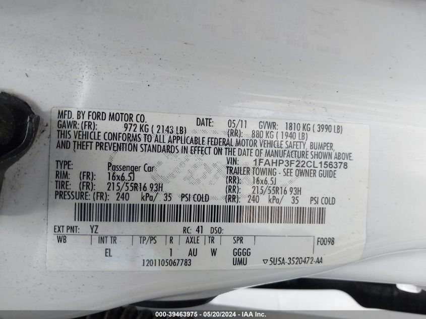 2012 Ford Focus Se VIN: 1FAHP3F22CL156378 Lot: 39463975