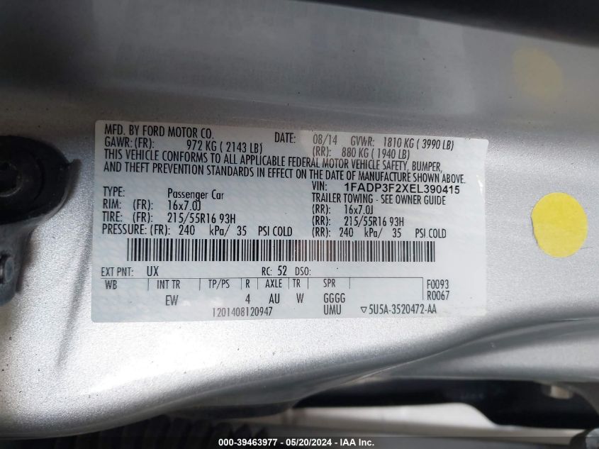 2014 Ford Focus Se VIN: 1FADP3F2XEL390415 Lot: 39463977