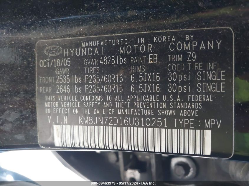 2006 Hyundai Tucson Gls/Limited VIN: KM8JN72D16U310251 Lot: 39463979