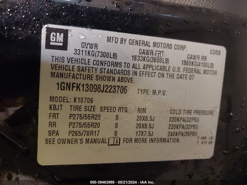 2008 Chevrolet Tahoe Ltz VIN: 1GNFK13098J223706 Lot: 39463998