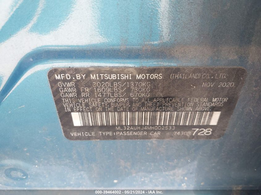 2021 Mitsubishi Mirage Carbonite Edition/Es/Le VIN: ML32AUHJ4MH002533 Lot: 39464002