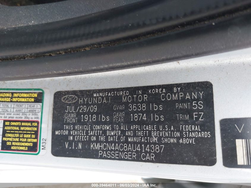 2010 Hyundai Accent Gls VIN: KMHCN4AC8AU414387 Lot: 39464011