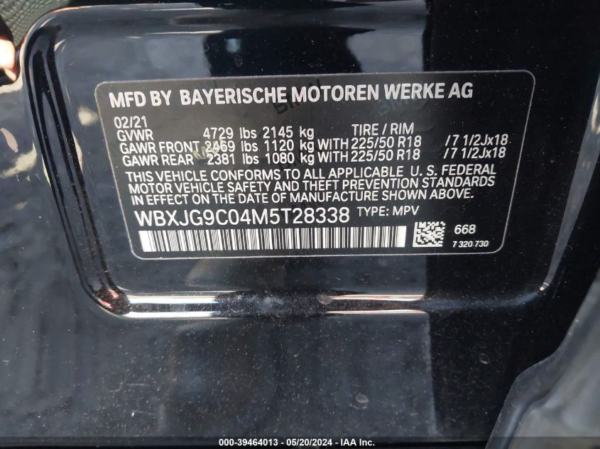 2021 BMW X1 xDrive28I VIN: WBXJG9C04M5T28338 Lot: 39464013