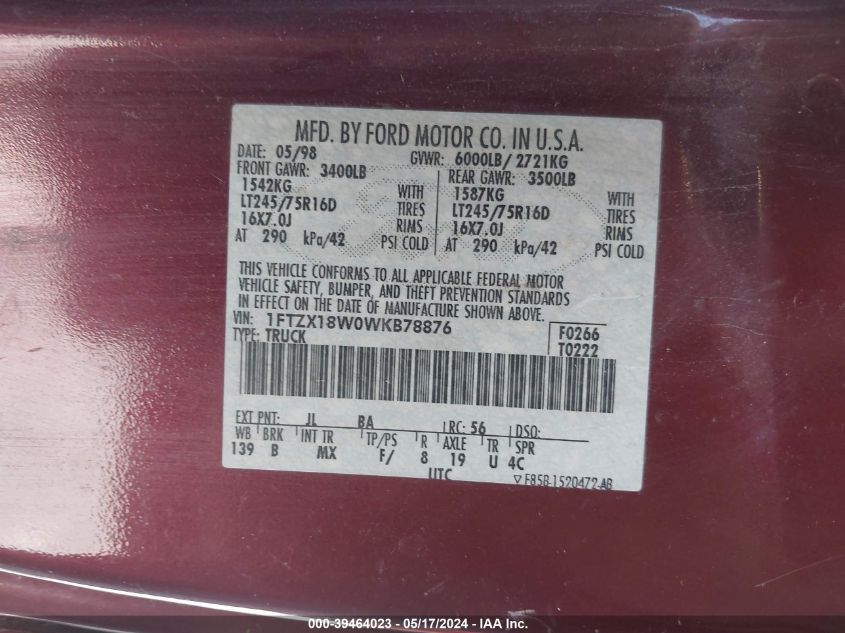 1998 Ford F-150 Lariat/Standard/Xl/Xlt VIN: 1FTZX18W0WKB78876 Lot: 39464023