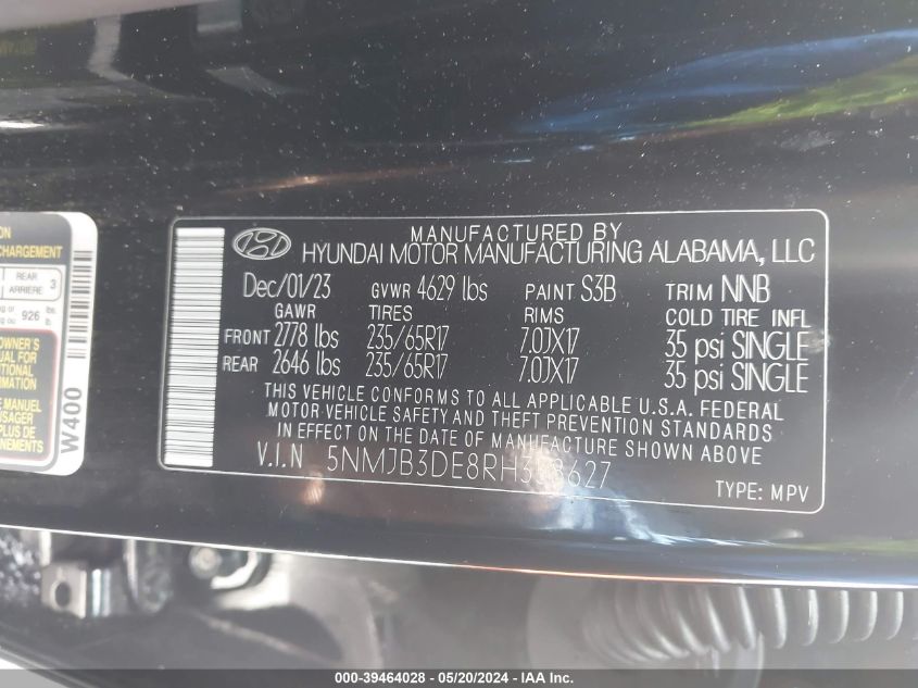 2024 Hyundai Tucson Sel VIN: 5NMJB3DE8RH358627 Lot: 39464028