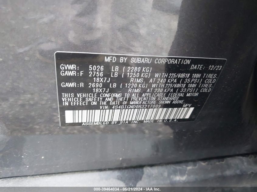 2024 Subaru Outback Limited Xt VIN: 4S4BTGND0R3217009 Lot: 39464034