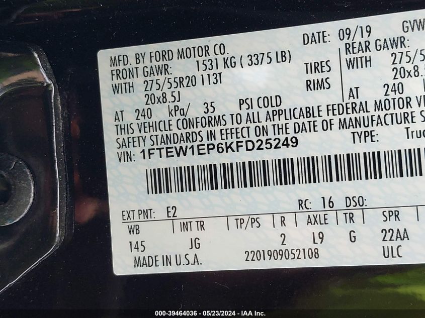 2019 Ford F-150 Xl VIN: 1FTEW1EP6KFD25249 Lot: 39464036