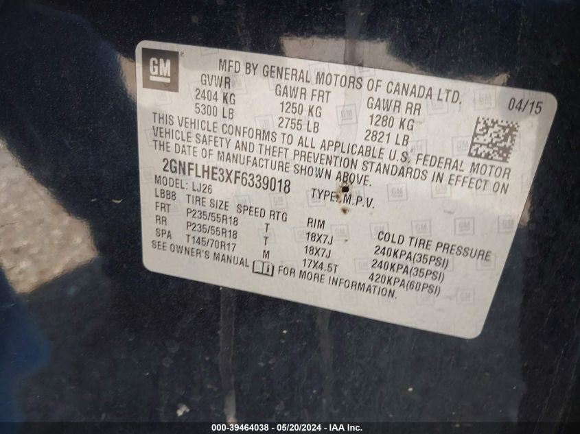 2015 Chevrolet Equinox Ltz VIN: 2GNFLHE3XF6339018 Lot: 39464038