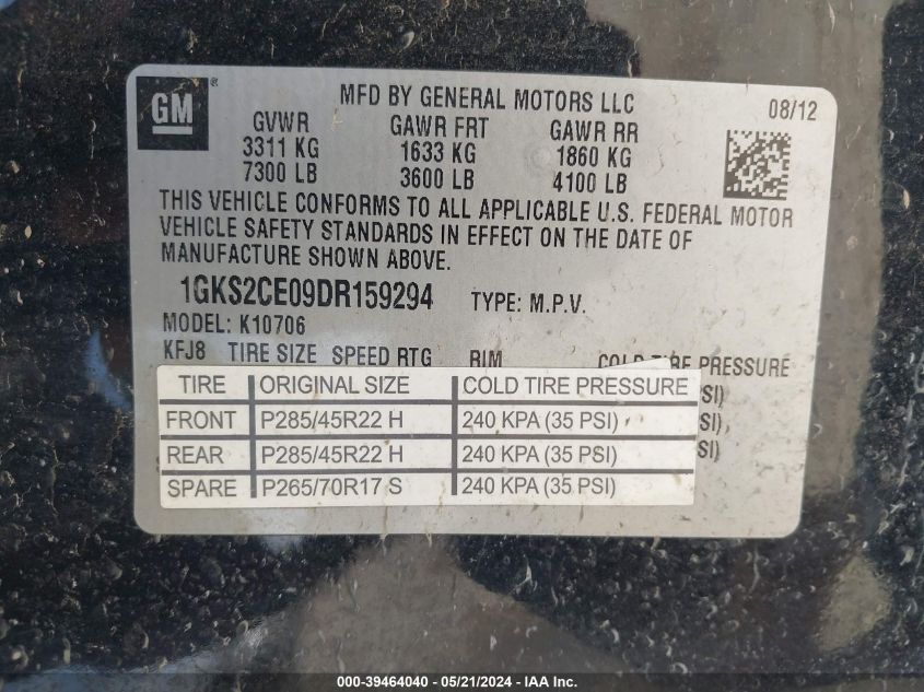 2013 GMC Yukon Slt VIN: 1GKS2CE09DR159294 Lot: 39464040