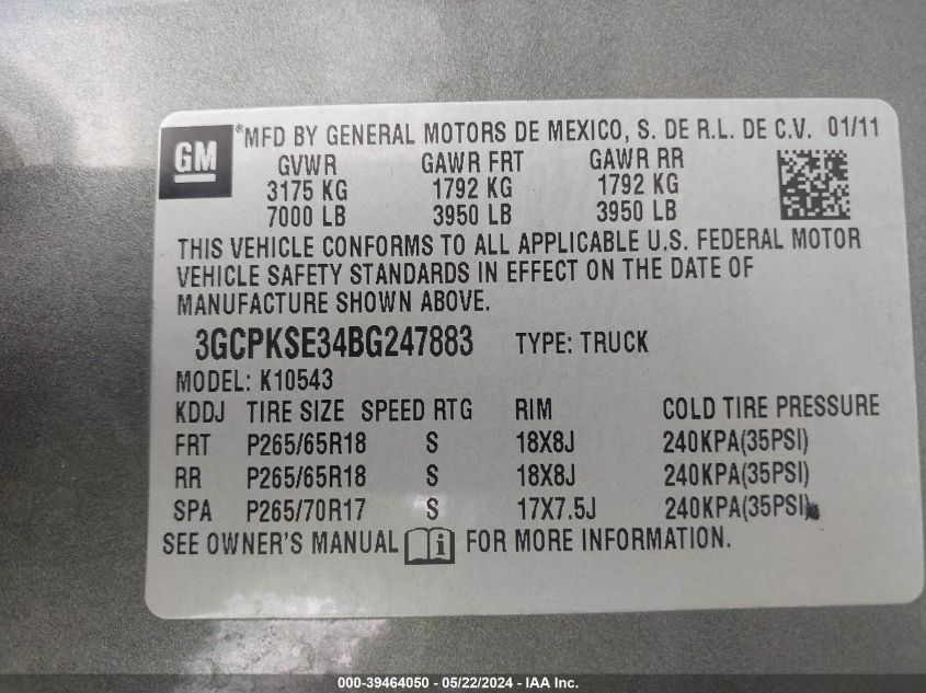 2011 Chevrolet Silverado 1500 Lt VIN: 3GCPKSE34BG247883 Lot: 39464050