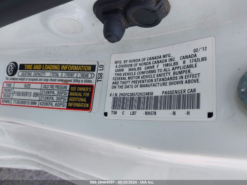 2012 Honda Civic Lx VIN: 2HGFG3B57CH534856 Lot: 39464057