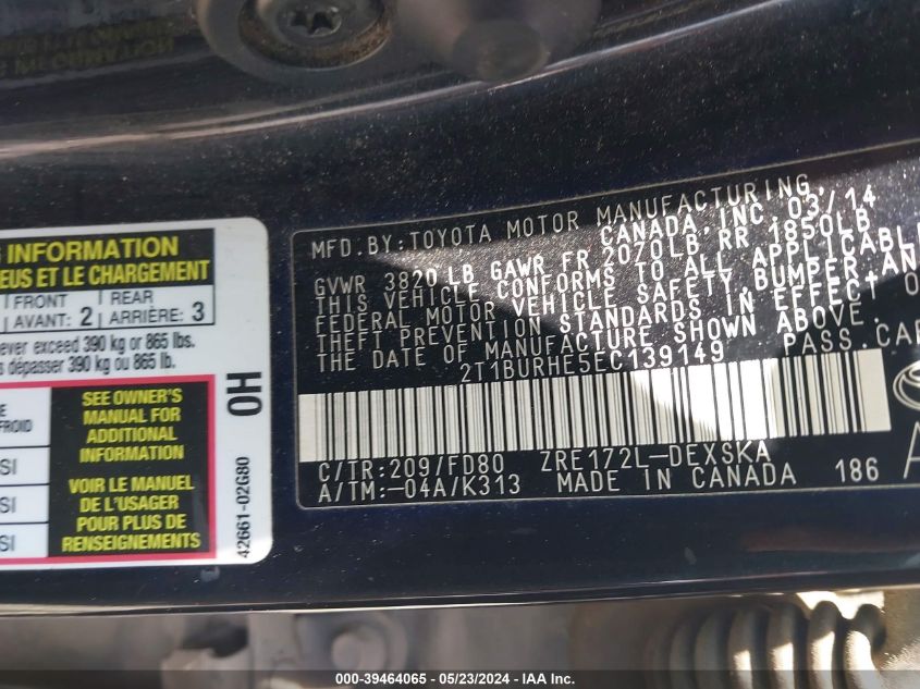 2014 Toyota Corolla S Plus VIN: 2T1BURHE5EC139149 Lot: 39464065