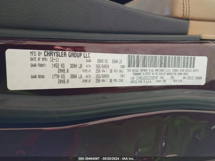 2012 Dodge Durango Citadel VIN: 1C4RDJEG1CC153707 Lot: 39464067