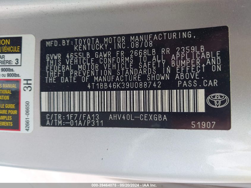 2009 Toyota Camry Hybrid VIN: 4T1BB46K39U088742 Lot: 39464075