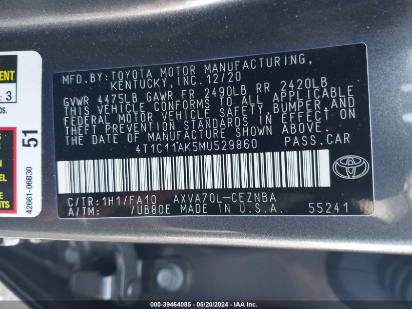 2021 Toyota Camry Le VIN: 4T1C11AK5MU529860 Lot: 39464085