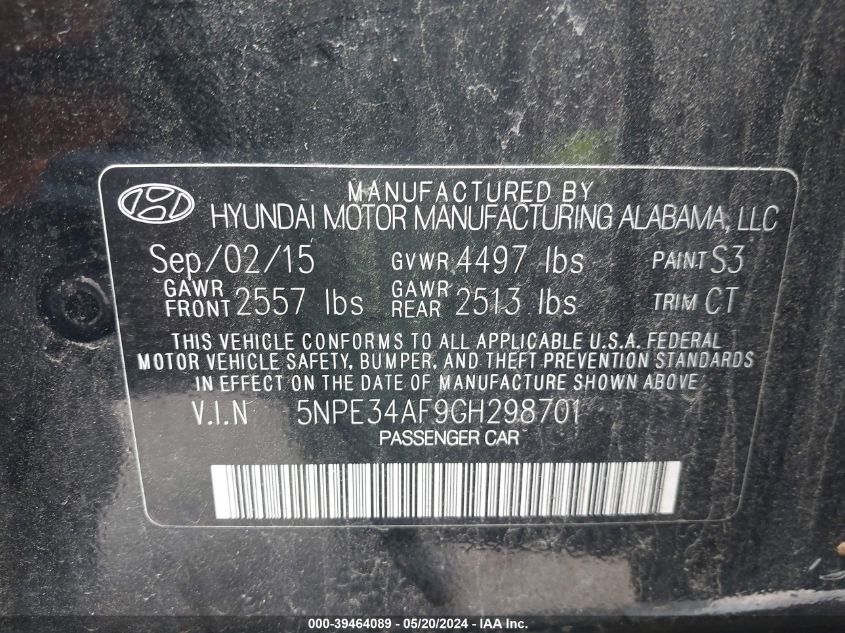 2016 Hyundai Sonata Sport VIN: 5NPE34AF9GH298701 Lot: 39464089