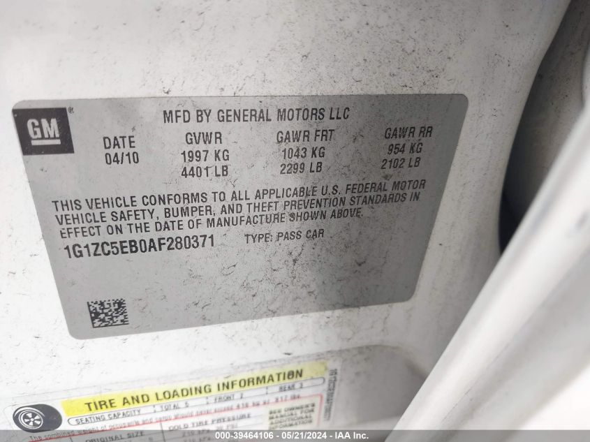 2010 Chevrolet Malibu Lt VIN: 1G1ZC5EB0AF280371 Lot: 39464106