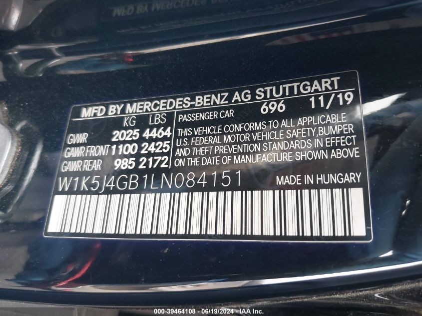 2020 Mercedes-Benz Cla 250 VIN: W1K5J4GB1LN084151 Lot: 39464108