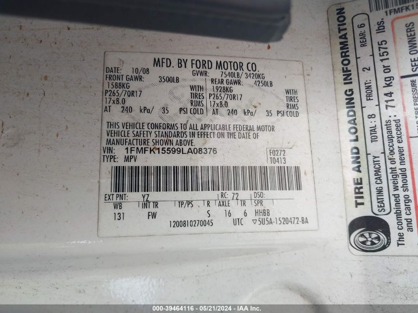2009 Ford Expedition El Xlt VIN: 1FMFK15599LA08376 Lot: 39464116