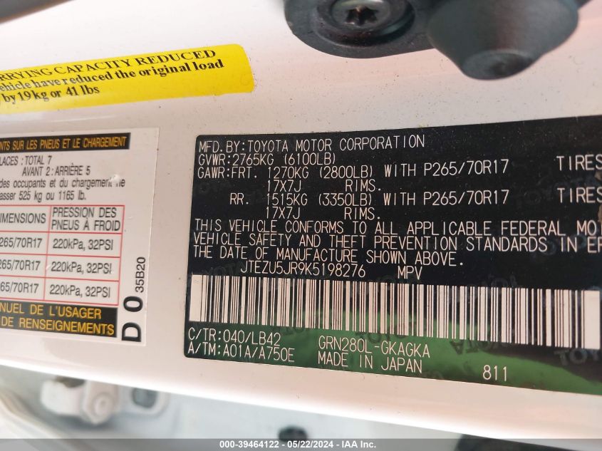 2019 Toyota 4Runner Sr5 Premium VIN: JTEZU5JR9K5198276 Lot: 39464122