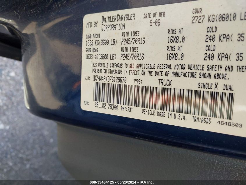 2007 Dodge Dakota Slt VIN: 1D7HW48K97S129678 Lot: 39464125