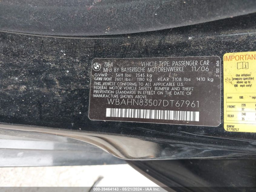 2007 BMW 750Li VIN: WBAHN83507DT67961 Lot: 39464143