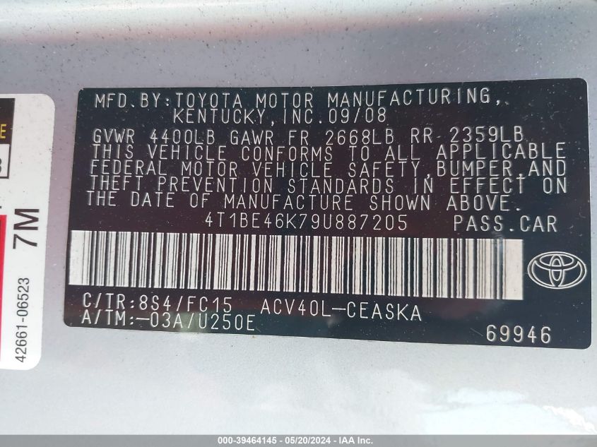 2009 Toyota Camry Se VIN: 4T1BE46K79U887205 Lot: 39464145