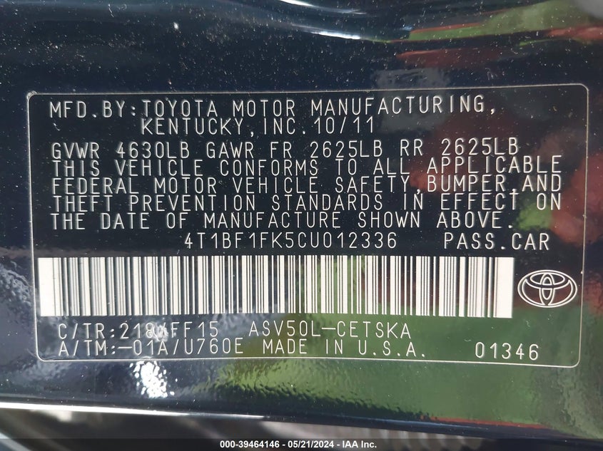 2012 Toyota Camry Se VIN: 4T1BF1FK5CU012336 Lot: 39464146