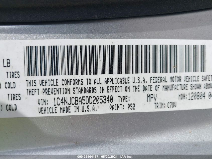 2013 Jeep Compass Sport VIN: 1C4NJCBA5DD205340 Lot: 39464157
