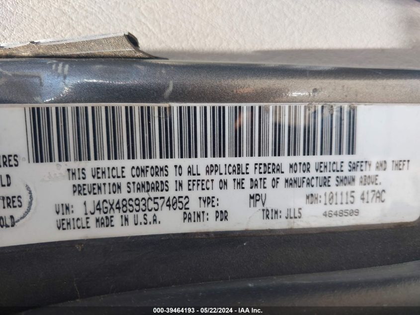 2003 Jeep Grand Cherokee Laredo VIN: 1J4GX48S93C574052 Lot: 39464193