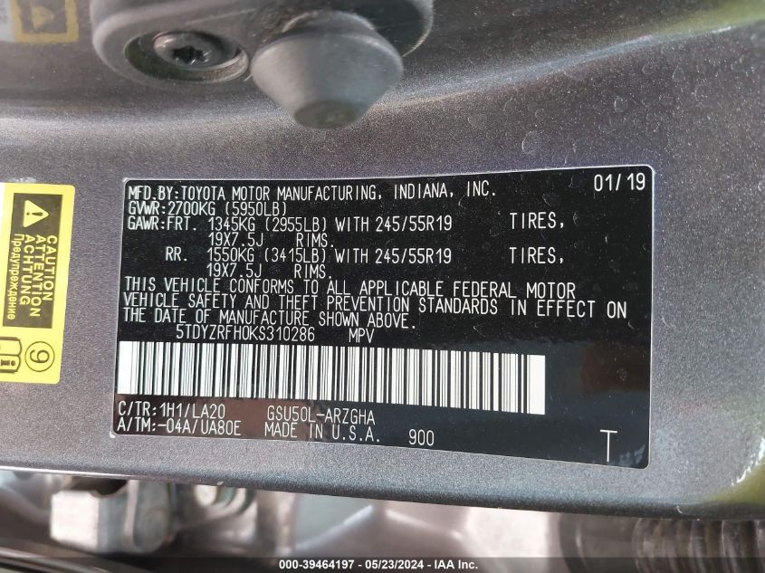 2019 Toyota Highlander Limited VIN: 5TDYZRFH0KS310286 Lot: 39464197