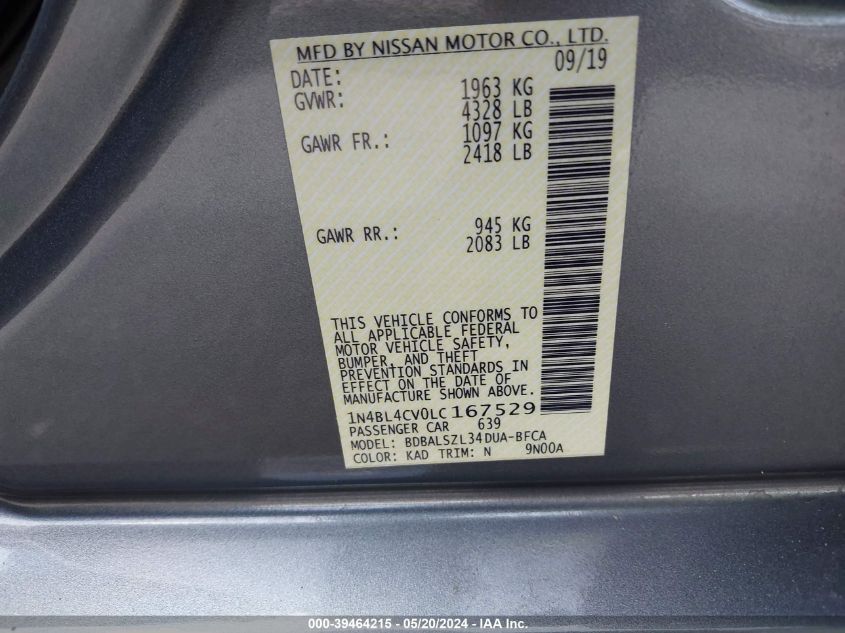 2020 Nissan Altima Sr Fwd VIN: 1N4BL4CV0LC167529 Lot: 39464215