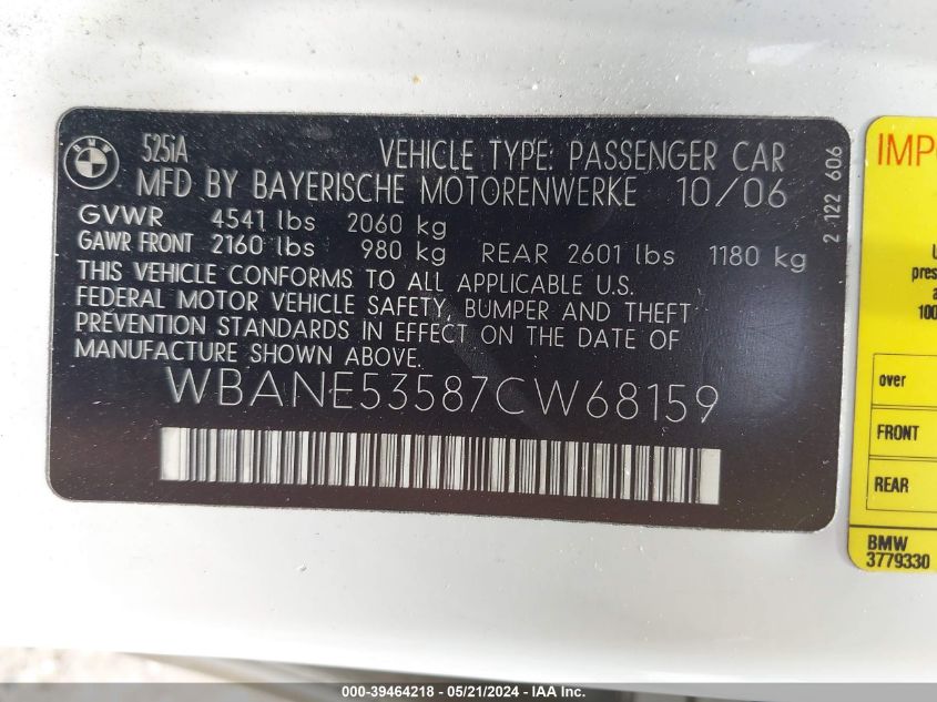2007 BMW 525I VIN: WBANE53587CW68159 Lot: 39464218