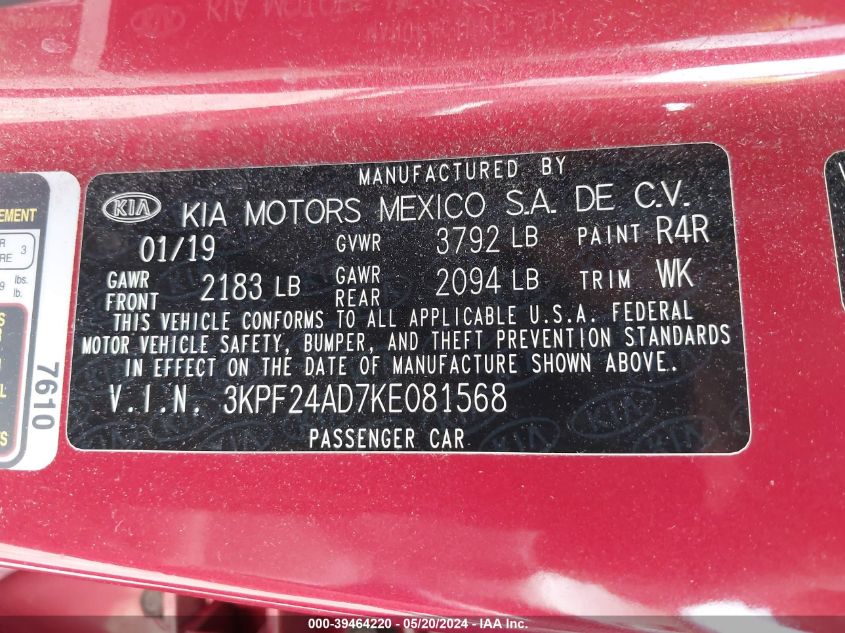 2019 Kia Forte Fe/Lx/Lxs VIN: 3KPF24AD7KE081568 Lot: 39464220