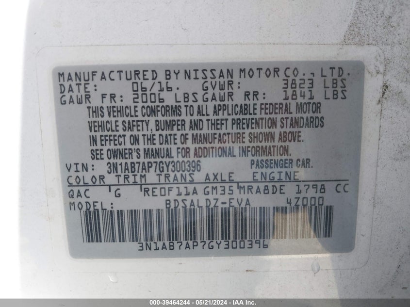 2016 Nissan Sentra Sv VIN: 3N1AB7AP7GY300396 Lot: 39464244